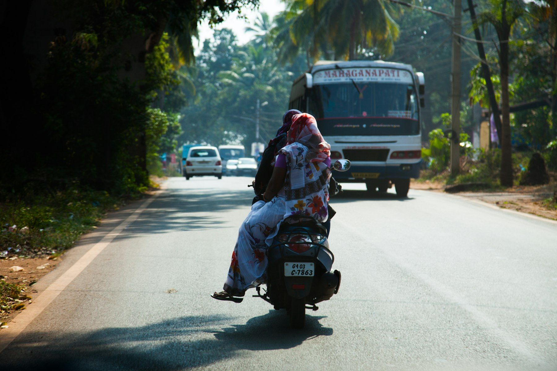 A two-wheeler rider travelling along a tree-lined Indian road, seen from behind